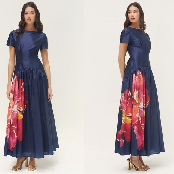NWT Hutch Atley Dress Gown in Navy Raspberry Shantung in Size Small - Picture 1 of 12